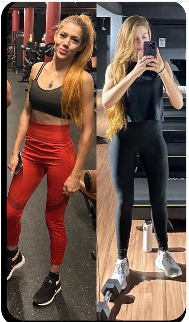 Registros de evolução de uma aluna em dois momentos, usando roupas de treino