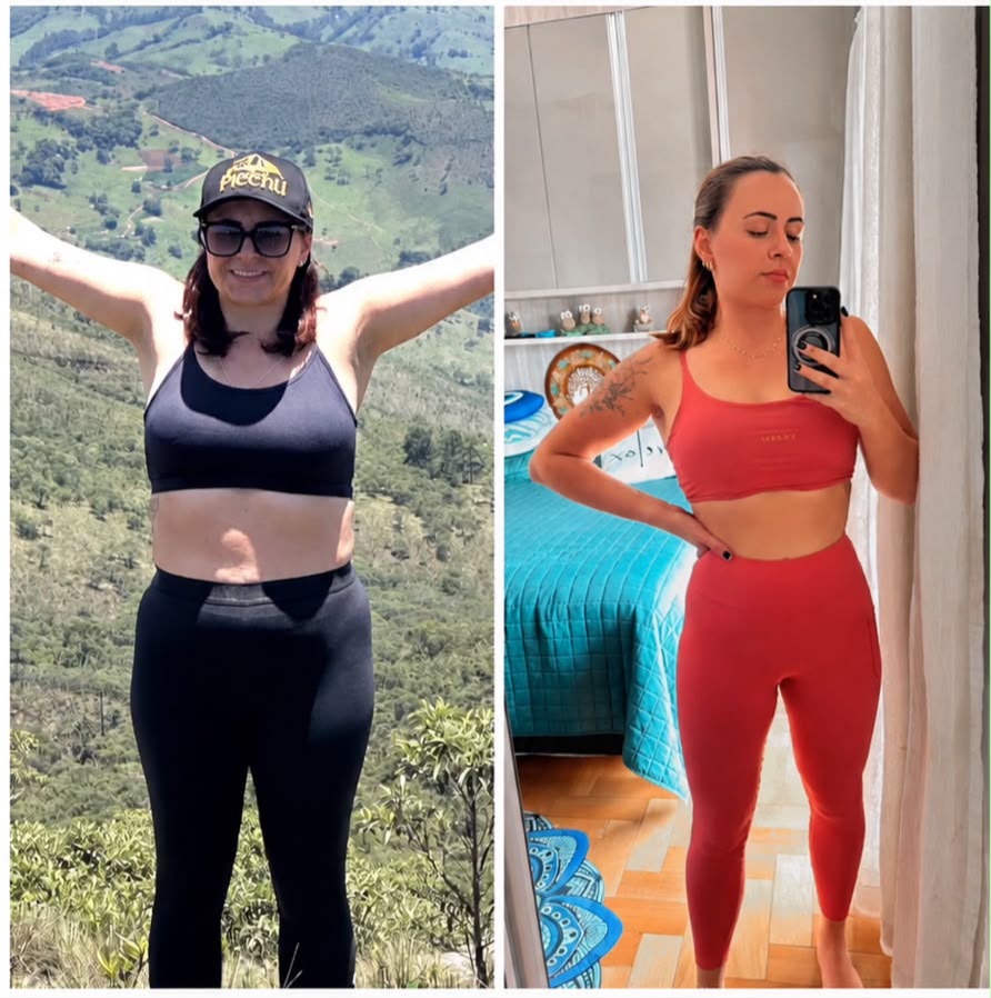 Comparação de uma aluna em dois momentos: ao ar livre com roupa de treino preta e em um ambiente interno com roupa de treino vermelha